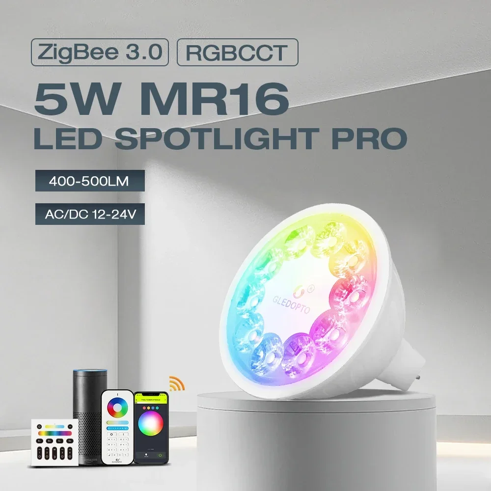 Gledopto Zigbee 3.0 LED 5W MR16 GU5.3 RGBCCT Color Spotlight Bulb Pro 500LM AC/DC12~24V Tuya APP Alexa Conbee RF Remote Control