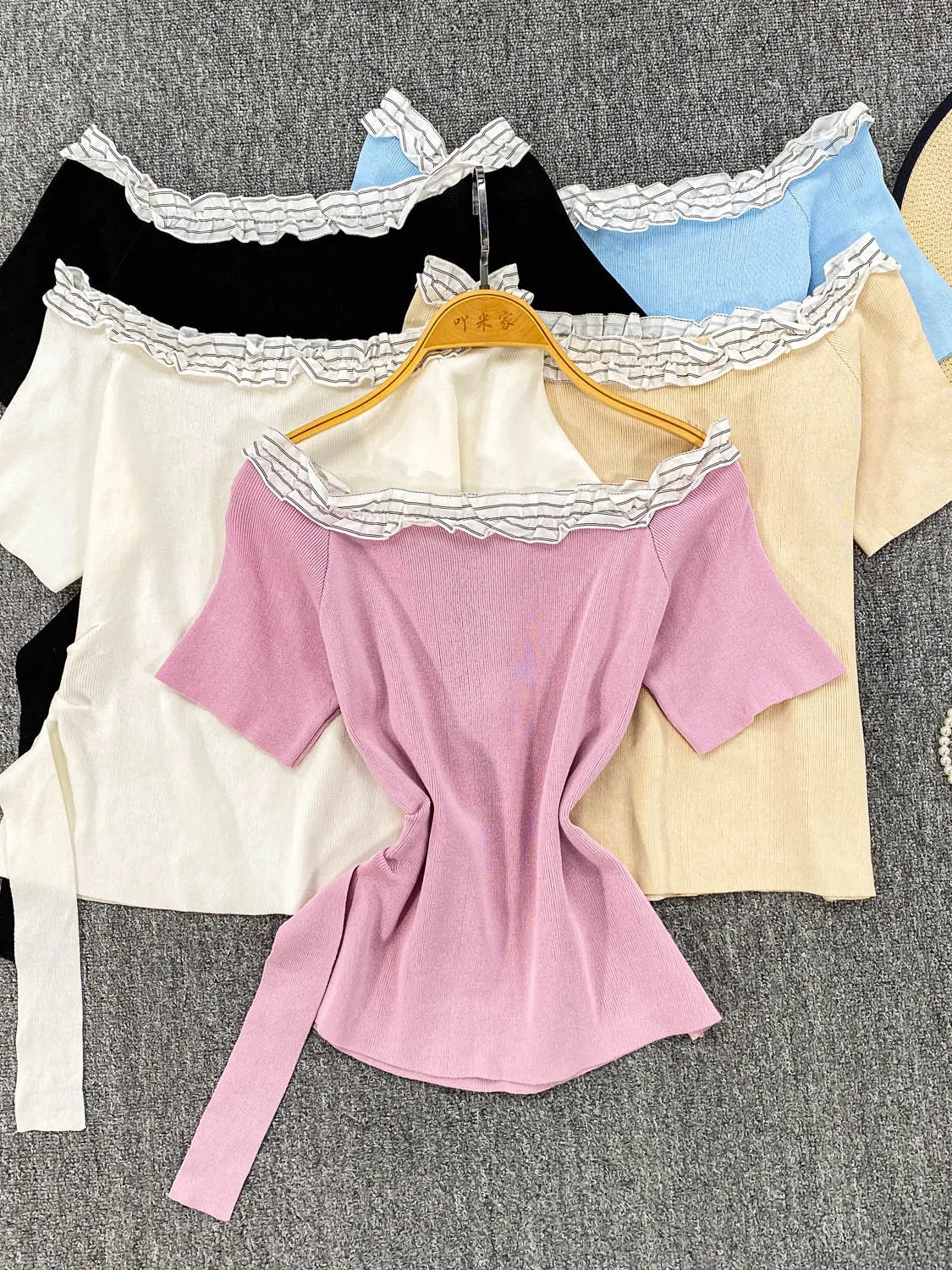 

Korean Sle Slim Fit Knitted T-irt Women's Summer oulder Bows ort Sve Embellied Wood ain Casual Top