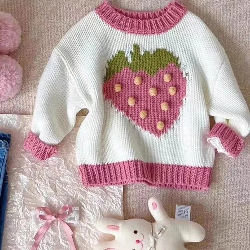 

Korean Children's Clothing 2024 Autumn New Sweet Strawberry Knitted Sweater Top For Girls Baby Cartoon Knitted Sweater