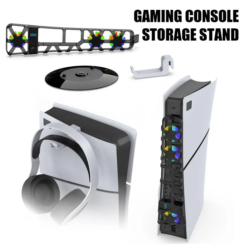 Fan Stand Fan Ps5 Slim Vertical Console Stand with Quiet Cooler Fan Headphone Holder Gaming Organizer Low Noise for Gamers