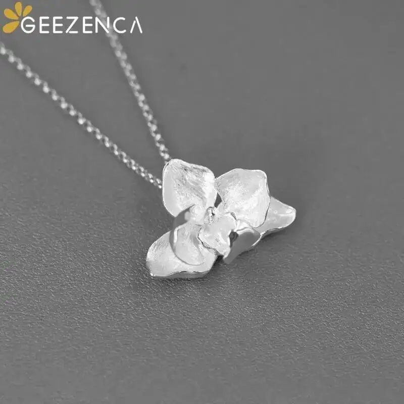 GEEZENCA 925 Sterling Silver Phalaenopsis Flower Pendant For Women 3D Plant Elegant Chic Necklace Pendants Without Chain Gift