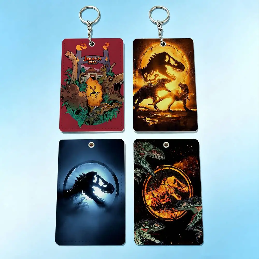 J-Jurassic Park D-Dinosaur World Card Case Leather Card Holder Keychain Key Ring Door Access Tags ID Card Case Keychain