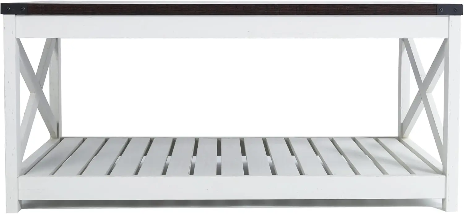 Farmhouse Coffee Table with Slatted Shelf and Corner Protection, 40 Inches, Vintage White/Espresso