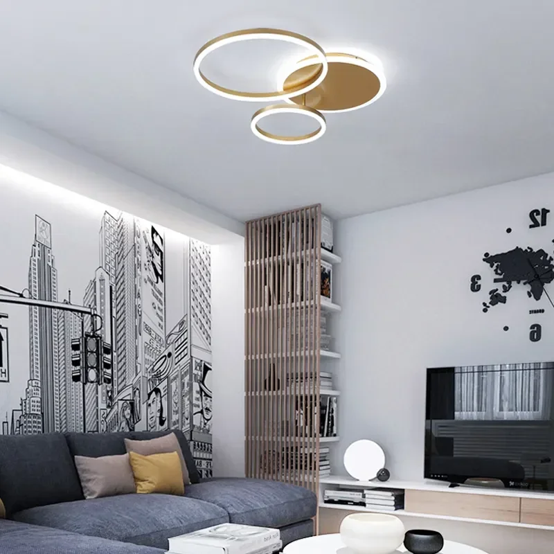 Imagem -03 - Moderno Led Círculo Anéis Luzes de Teto Sala de Estar Quarto Lâmpada de Sala de Estudo Branco Marrom Preto Cor Dourada 90260v 2023