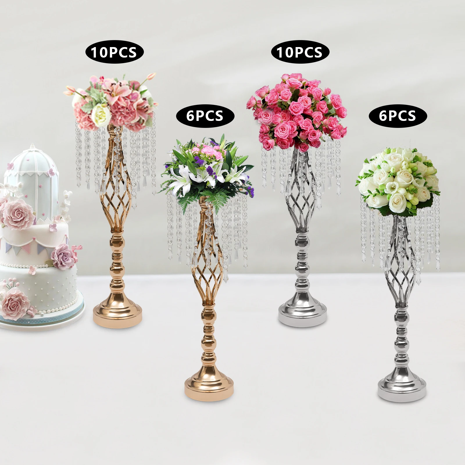 6pc/10pc  Golden or Sliver Crystal Flower Vase Stand Wedding Centerpieces For Table Gold Flower Stand