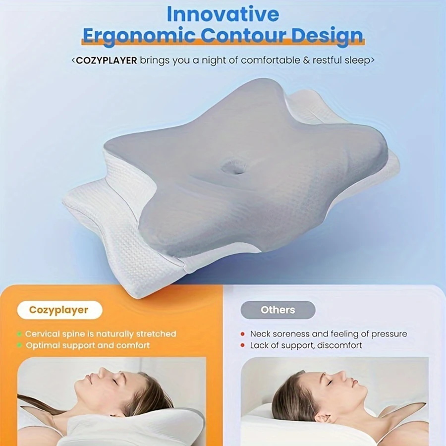 Cervical Pillow for Neck and Shoulder, Memory Foam Neck Pillow, Upgraded Ergonomic Orthopedic, Slow Rebound Memory Foam Side