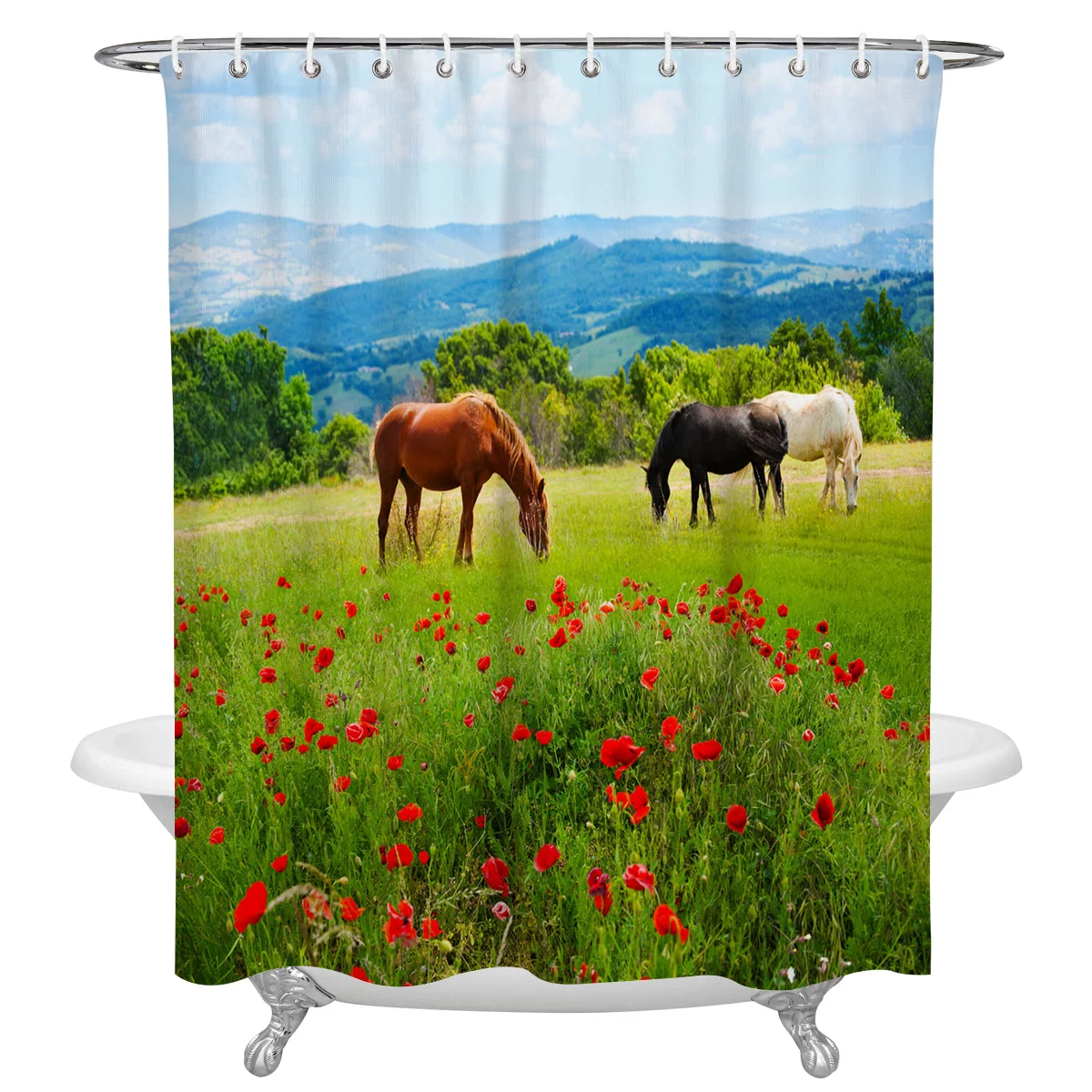 Meadow Horses Flowers Waterproof Bathroom Decoration Shower Curtain With Hook Printed Bathtub Curtains Bathroom Accessories