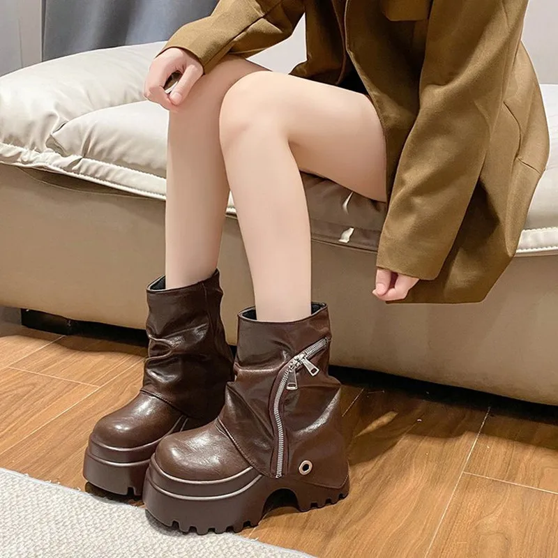 المرأة الخريف الشتاء الجلود حذاء من الجلد 9 سنتيمتر الكعوب منصة مكتنزة أحذية قتالية جديدة عدم الانزلاق دراجة نارية أحذية امرأة فاسق الأحذية