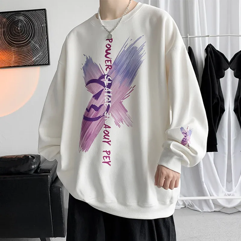 Watercolor X-letter Printed Casual Round Neck Top Trendy Men's and Women's Spring and Autumn Sets, Head and Bathroom Clothes