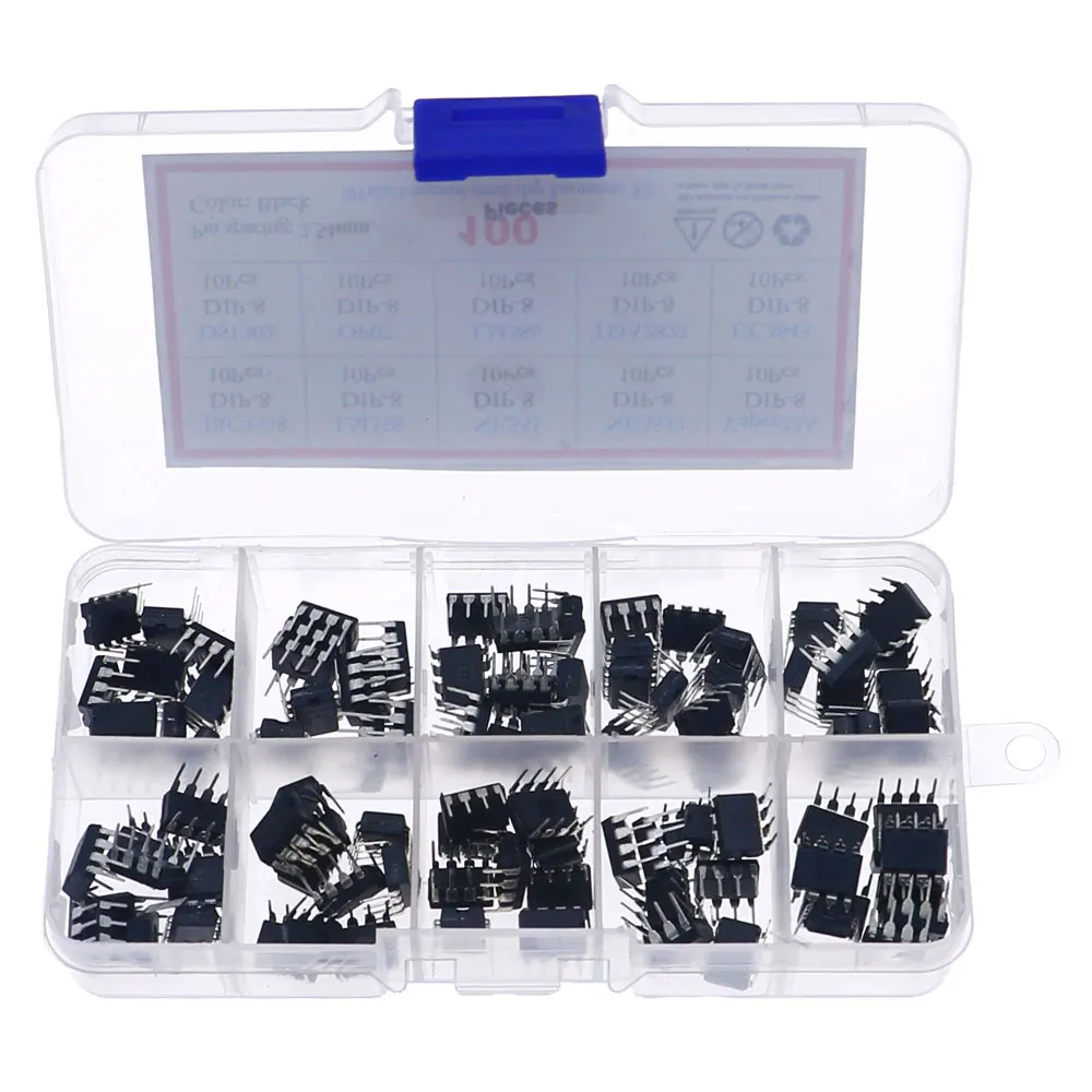 100Pcs IC Integrated Circuit Chip Assortment Kit JRC4558 LM358 NE555 NE5532 VIPER22A DS1302 OP07 LM386 TDA2822 UC3845 With box