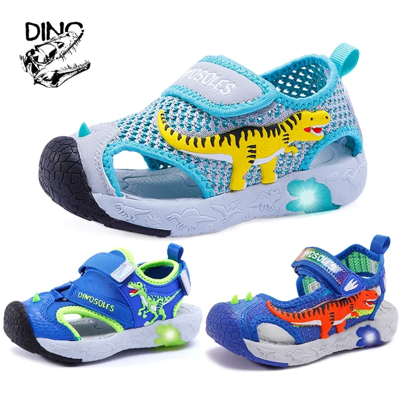 

DINO Summer 4-6Y Boys Sandals Children Fabric Breathable T-REX LED Flashing Little Kids Dinosaur Light Up Closed Toe Beach Shoes