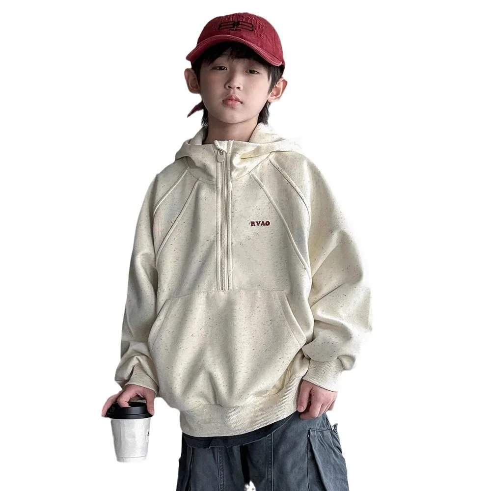 Children's Casual American Retro Simple Hooded Sweatshirt Boy Spring and Autumn Zipper Top