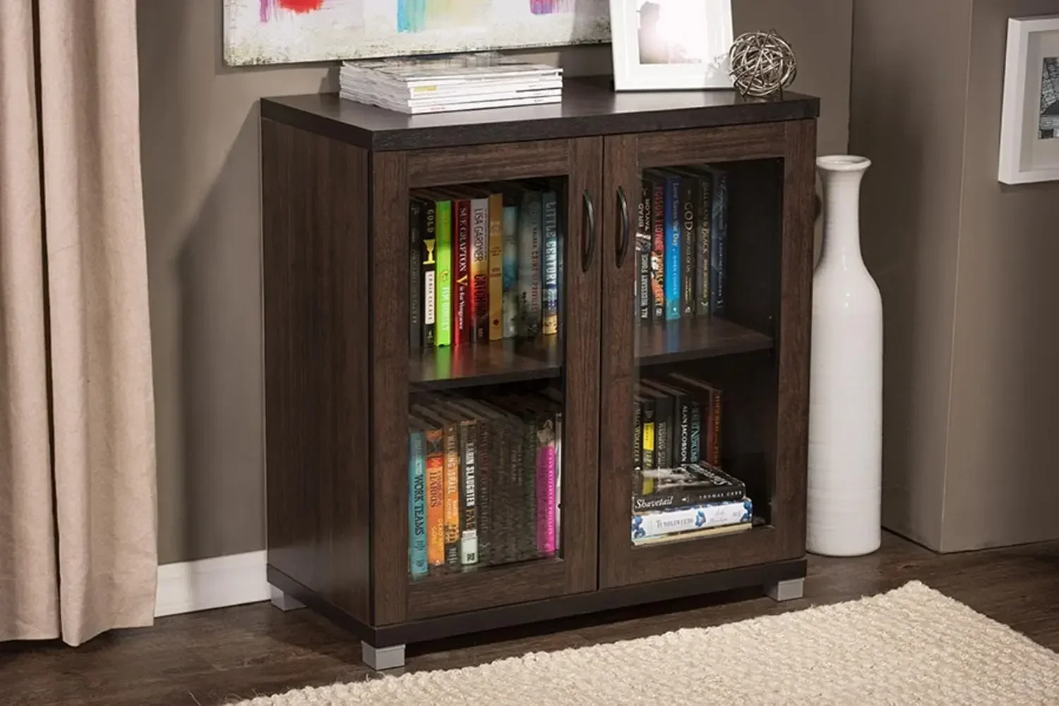 Wholesale Interiors Zentra Sideboard Storage Cabinet with Glass Doors, Dark Brown