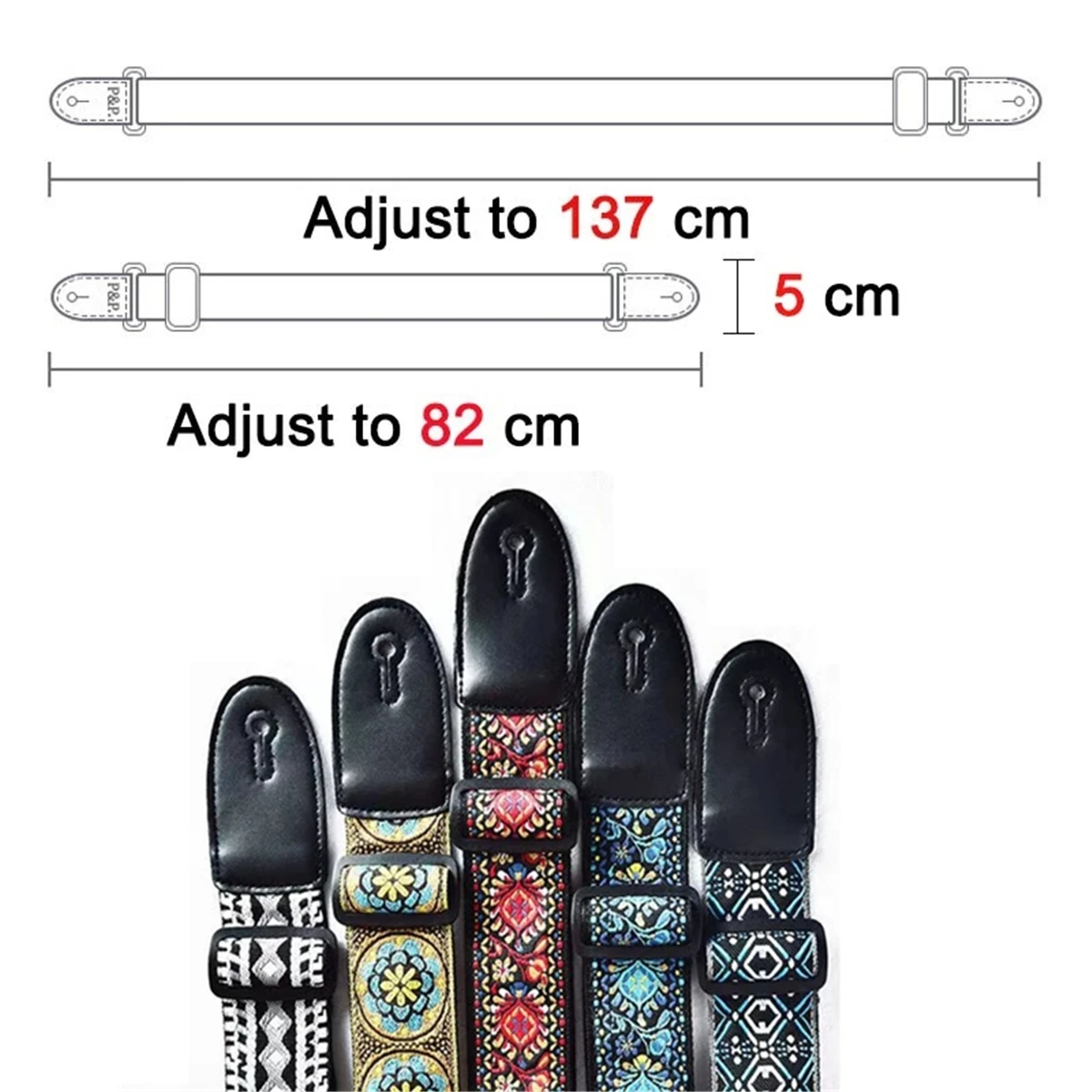 10Pcs Embroidered Print Guitar Strap Vintage Ethnic Style Adjustable Guitars Strap Includes 5 Guitar Picks and 1 Hold