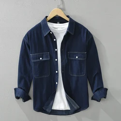 Fashion Denim Shirt for Men Pure Cotton Casual Long Sleeve Cowboy Tops Clothing Male New Button Up Shirt