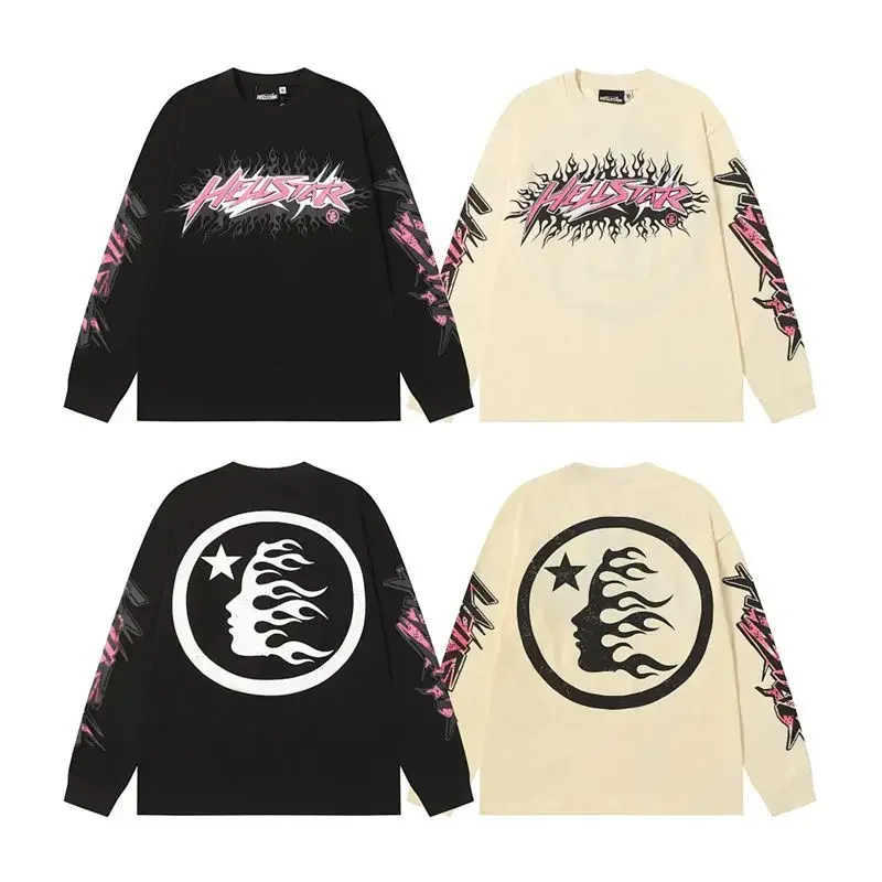 Camiseta de manga comprida unissex, estilo streetwear americano, com estampa de chamas e letras, corte folgado, casual e moderna, para homens e mulher