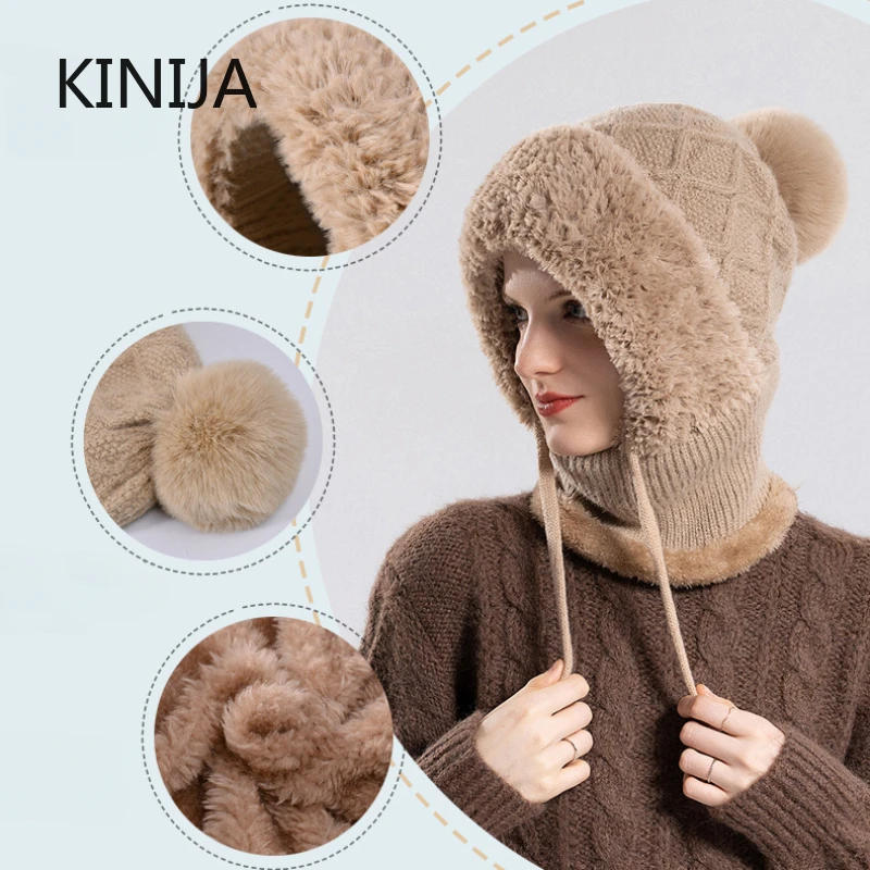 Women Winter Velvet Knitted Woolen Balaclava Hat Ear Protection fluffy Hat Mask Neck Integrated Warmth Cover Hat lady hooded cap