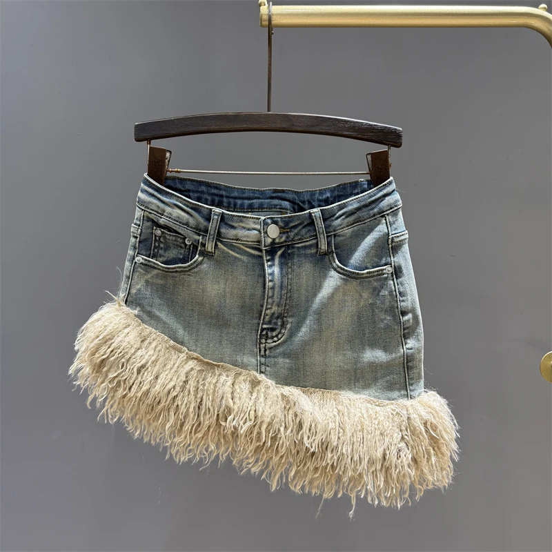

Retro beveled fur patchwork denim midi skirt for women in autumn winter new slimming anti glare A-line short skirt
