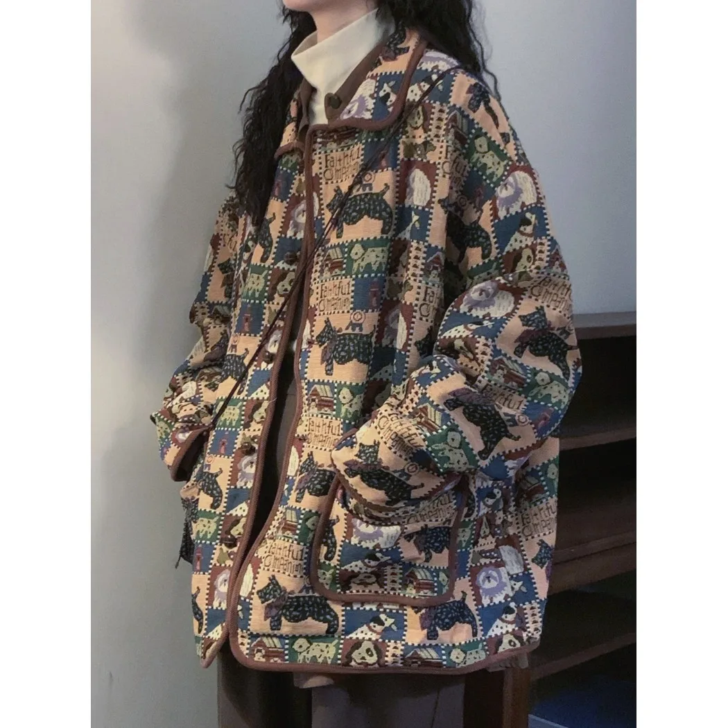 

Loose Retro Lazy Cartoon Pattern Jaet Collar Women's Outerwear Spring Autumn Japanese Sle Knitted Long Sve Coat