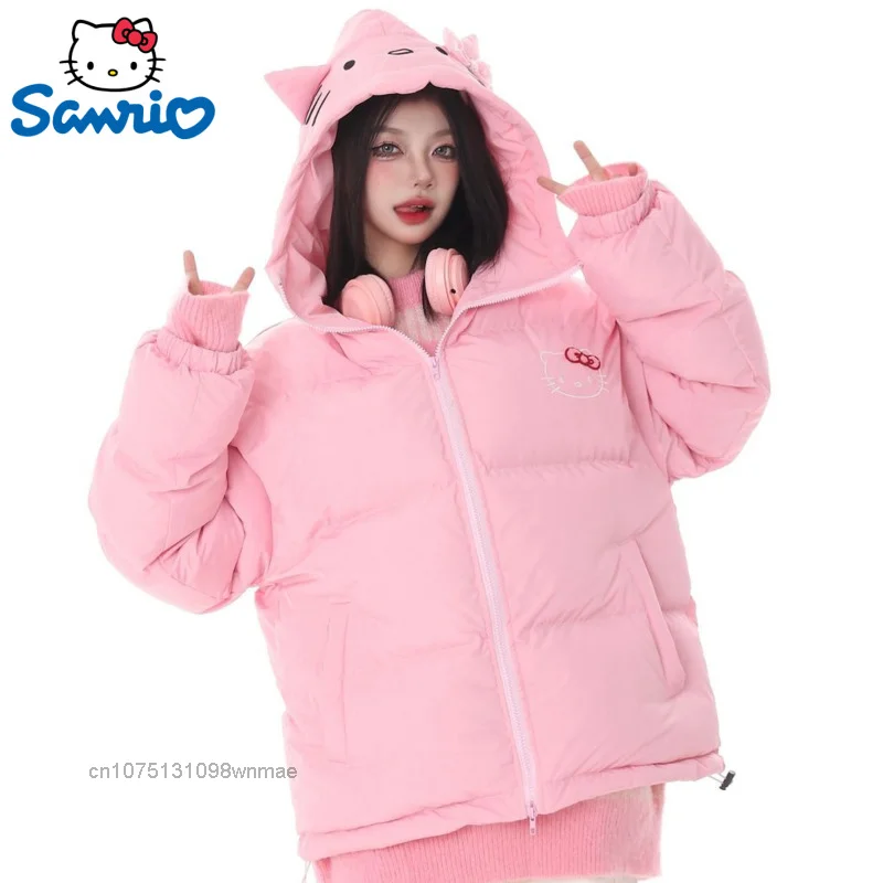 SANRIO-Hooded Down Coat for Women, Pink Zipper, Cotton-padded Jacket, Loose Warm Sports Clothes, Cute and Sweet, Winter