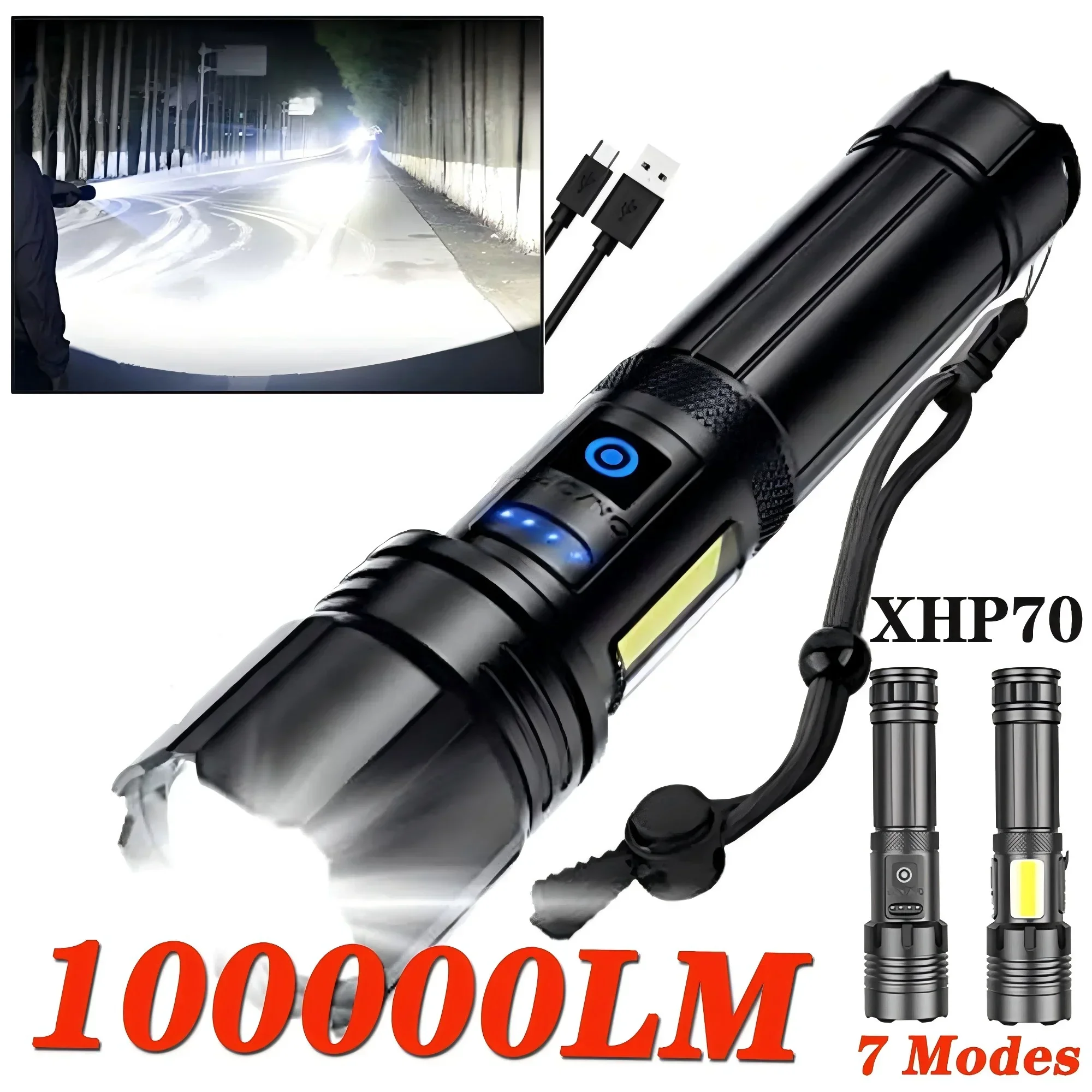 

Super Bright 100000LM Rechargeable Flashlight 7Modes Tactical Flashlight Zoomable LED torch With COB Side Light and Display