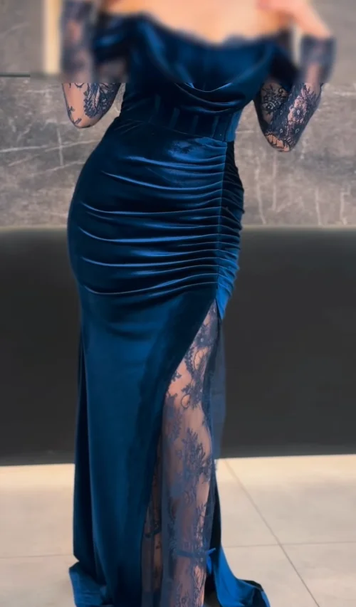 

Arabian Night Luxurious Velvet Lace Navy Blue Women's Evening Party Dresses Prom Gowns Mermaid abendkleider hochzeit