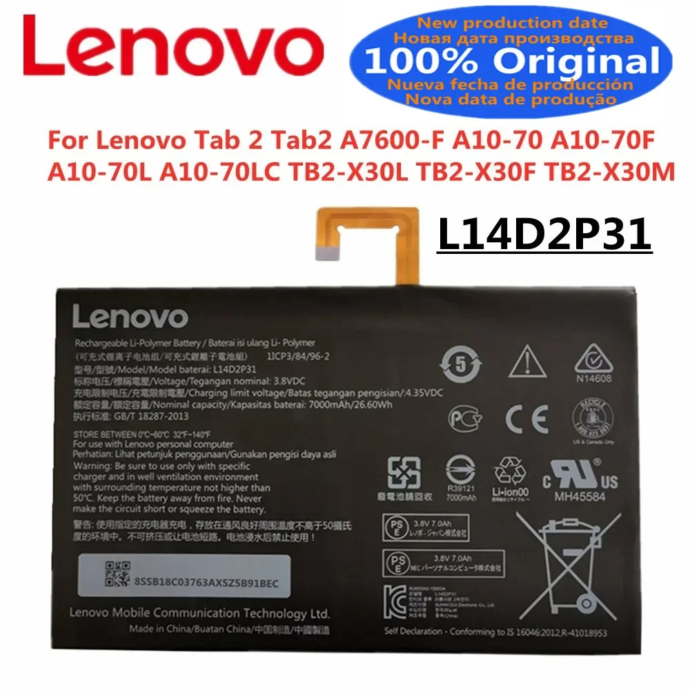 

100% Original Tablet Battery L14D2P31 For Lenovo Tab 2 Tab2 A7600-F A10-70 A10-70F A10-70L TB2-X30L TB2-X30F TB2-X30M Battery