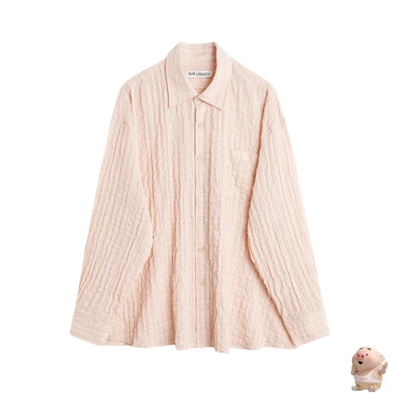 OUR LEGACY Pink Pleated Seersucker Shirt Men Women  Wrinkles  Loose Fit Shirts Soft fabric