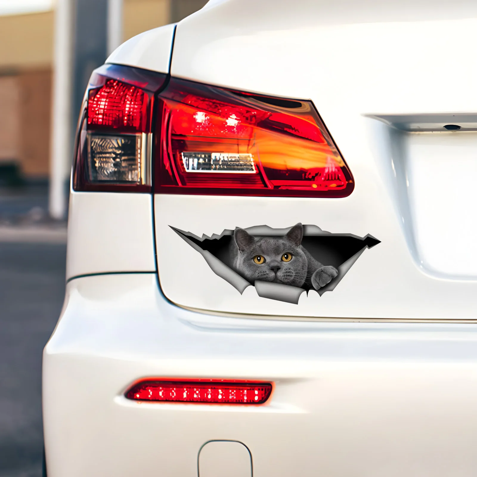 DK394# British Shorthair Cat 3D Break the Wall Car Sticker, Waterproof Vinyl Material Accessories, Interesting Creativity For Ca