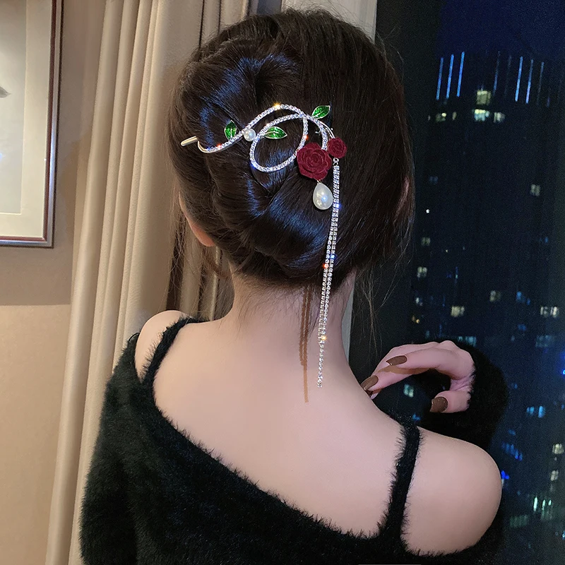 VANIKA Fashion Retro Rose Flower Tassel Hair Clip Korean Style Elegant One Word Ponytail Clip Women Party  summer  accessories