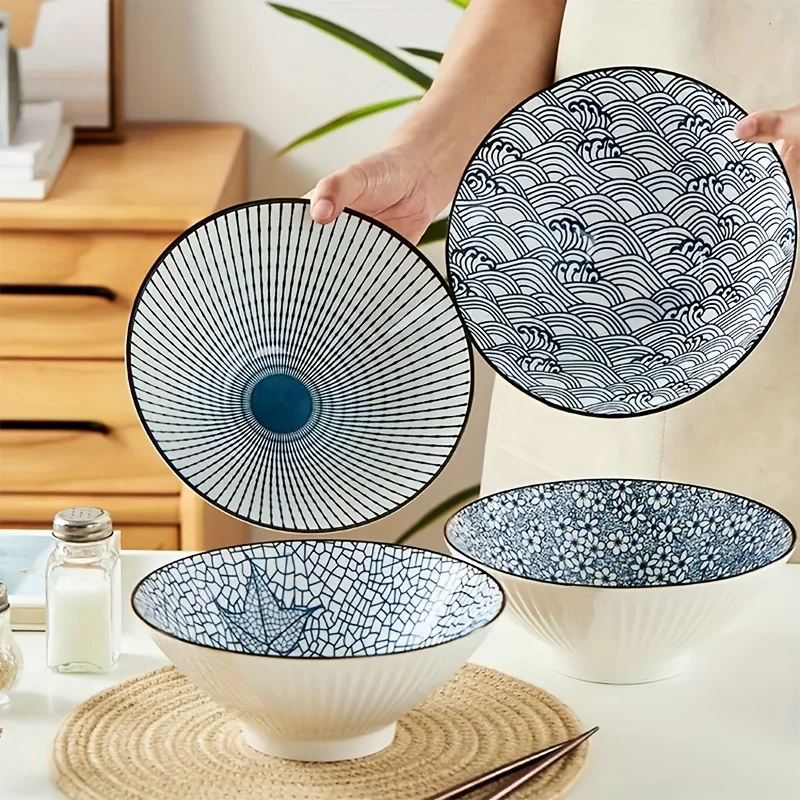 8 Inch Japanese Style Ceramic Ramen Bowl, Crackle Glaze Maple Leaf Pattern Large Soup Bowl, Microwave Safe Home Tableware