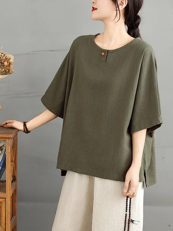 الرجعية الصينية Sle فضفاضة تناسب الكتان ort Sve تي شيرت المرأة الصيف رقيقة القطن الكتان جولة Ne رداء علوي غير رسمي