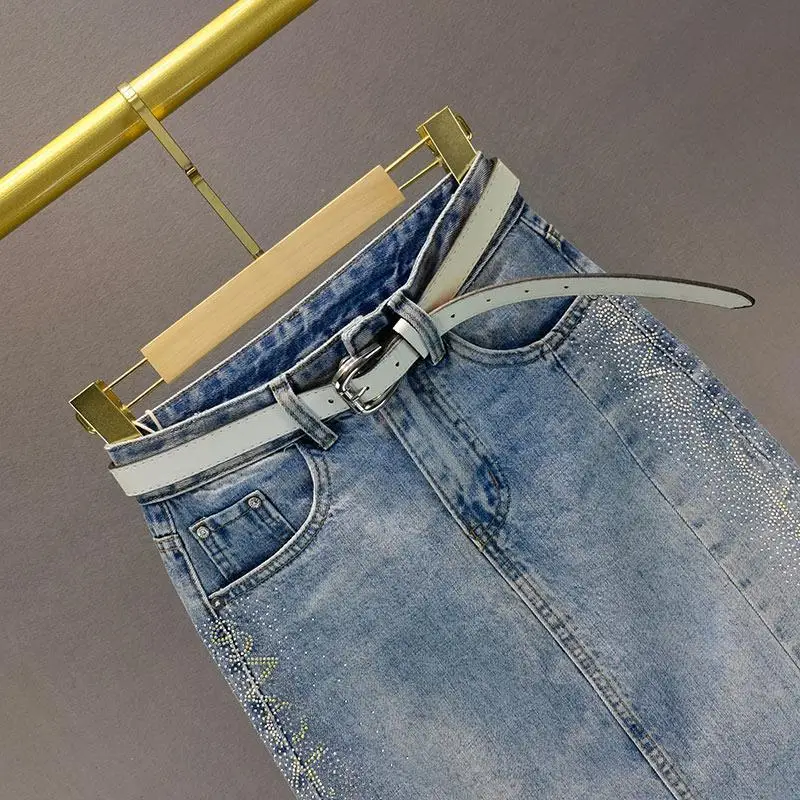 European Station Hot Drilling Split Denim Skirt Women2024Spring and Summer Fashion New High Waist Slimming Mid-Length Hip Skirt