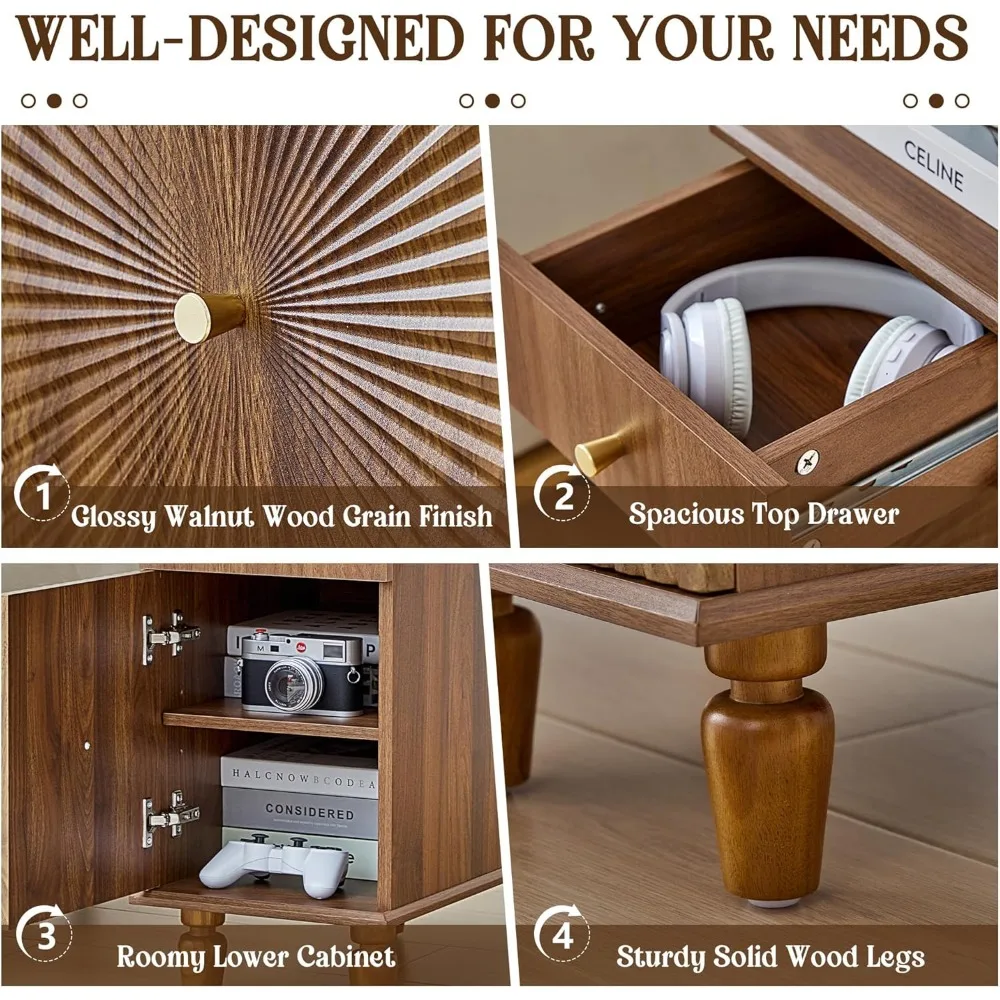 Slim Wooden Bedside Table with Charging Station and Drawer