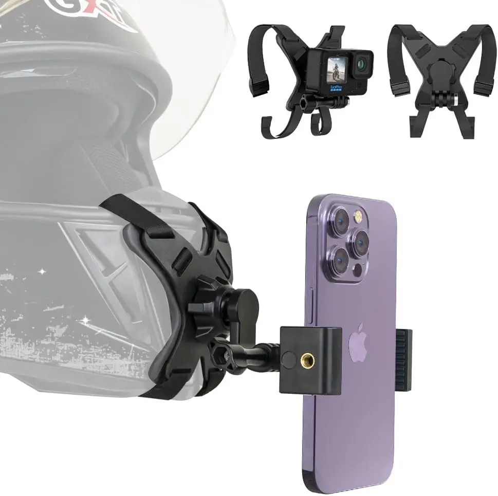 Adjustable Motorcycle Helmet Phone Mount with Chin Strap Clip, Fits All Smartphones for Secure Riding