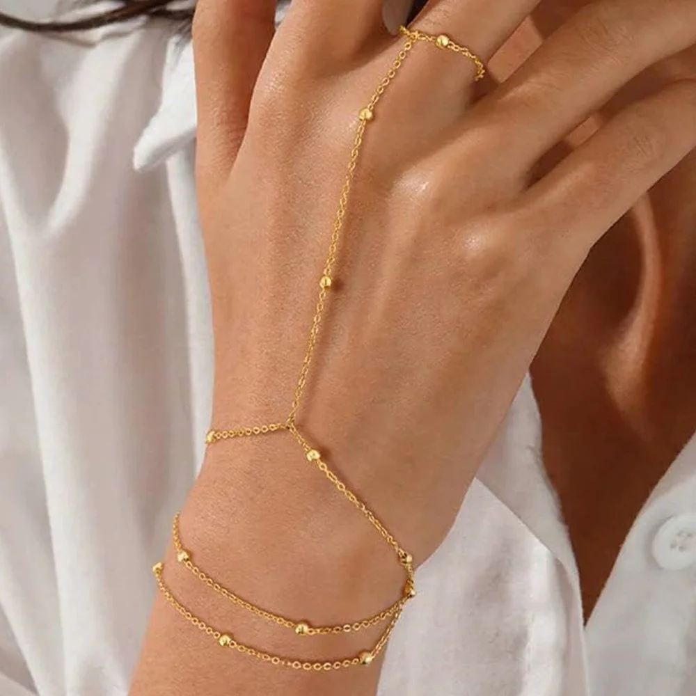 Women Beaded Hand Chain Gold Multi-Layer Finger Ring Bracelet Trendy Ball Chain Bracelet for Summer Beach Jewelry Gift for Her