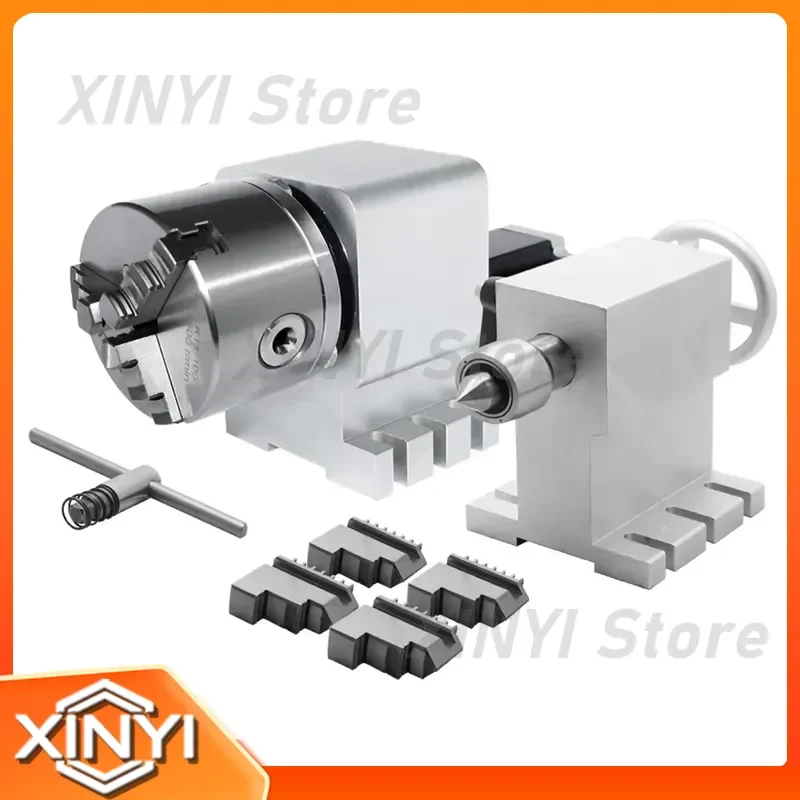for HLTNC Nema 23 Stepper Motor 6 1 K12 100mm 4 Jaw Chuck CNC 4th Axis Rotary Axis with Tailstock for CNC Router
