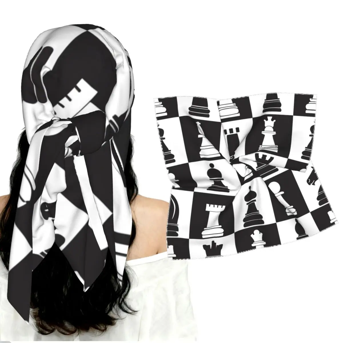 Smooth Faux Silk Square Scarf for Lady Chess Pieces On Board Imitation Silk Neckerchief Head Wrap Bandana Accessories