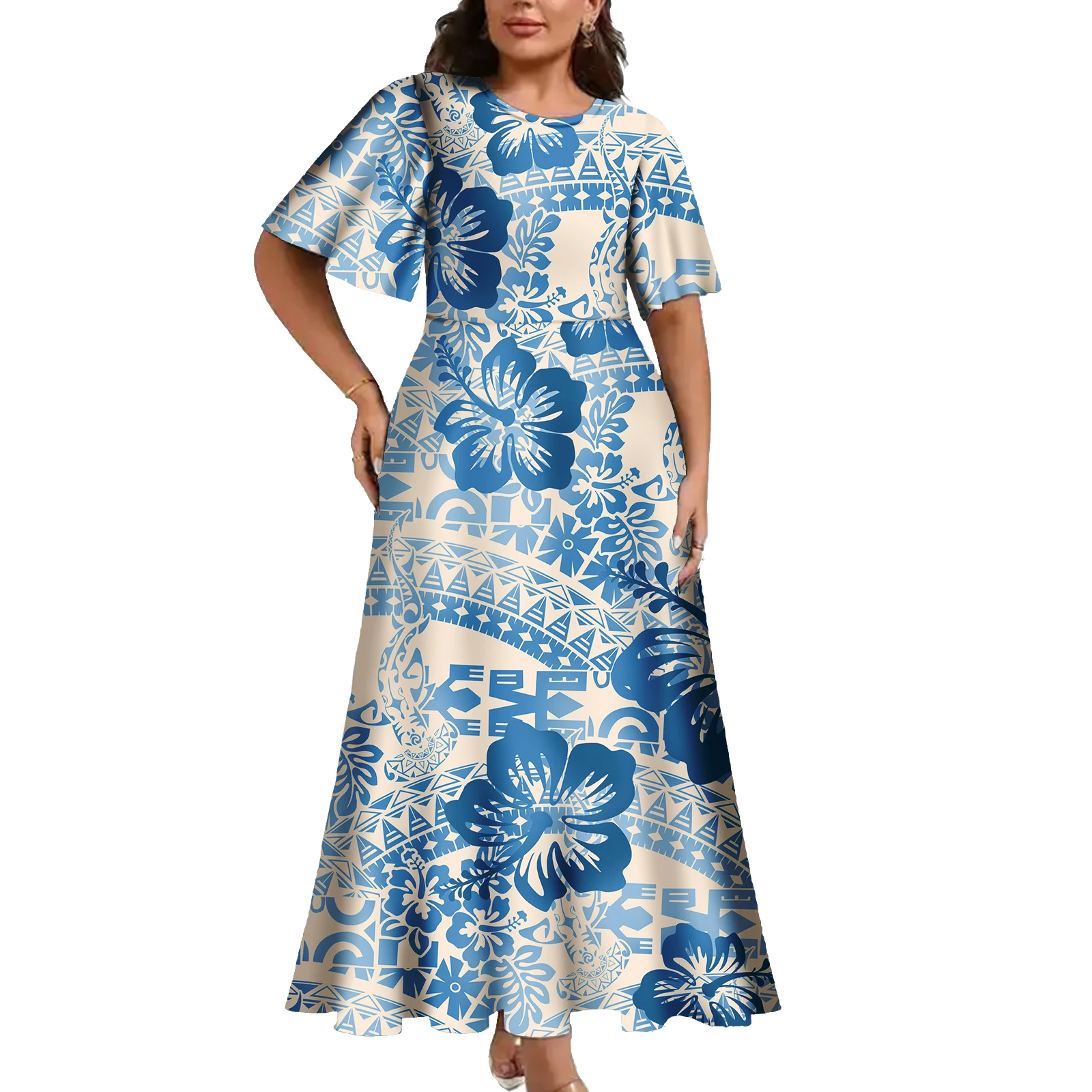 2025 Latest Island Dress Long Clothes Dresses Samoan Puletasi Polynesian Tribal  Plus Size  Short Sleeve Women's Clothing