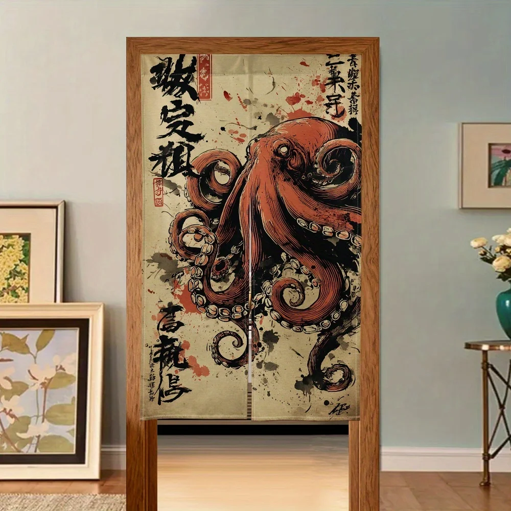 Japanese Octopus Dragon Ink Splatter Noren Door Curtain Red Calligraphy Minimalist Modern Japanese Home Decor for Bedroom