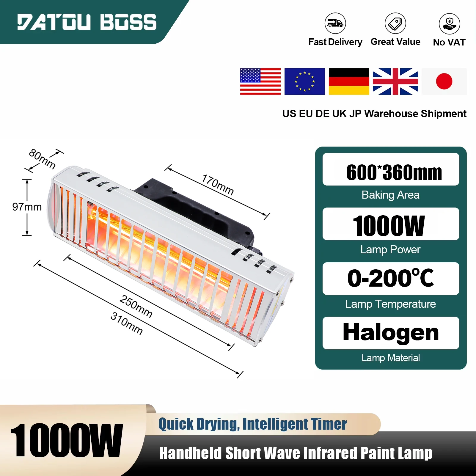 

DATOUBOSS Portable 1000W Infrared Curing Lamp Drying Lamp AutoBody Paint Baking Lamp Lamp for Drying Heating Car Body Paint