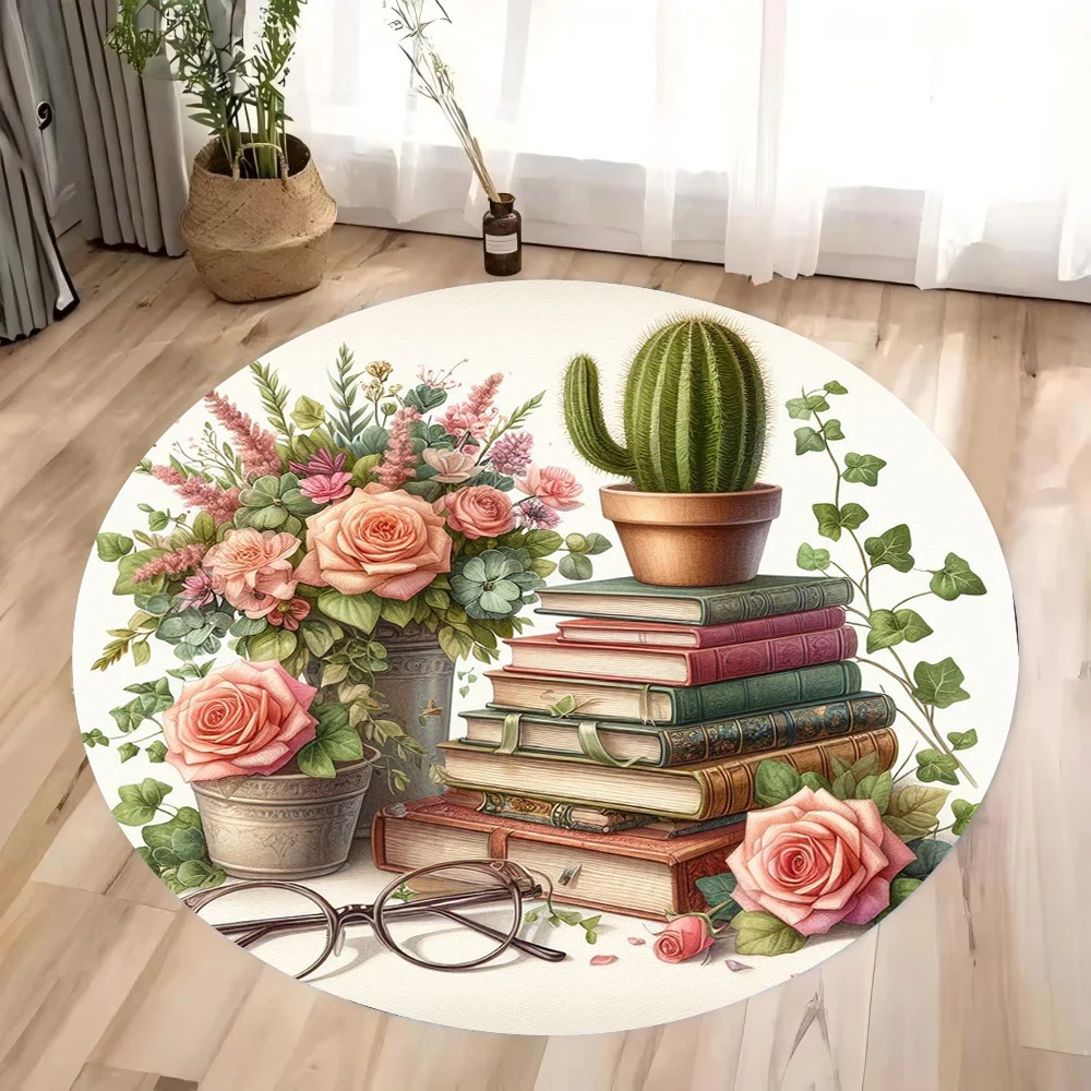 Retro Mysterious Ancient Books Print Round Carpet – Floral & Butterfly Design Anti-Slip Mat for Bedroom, Living Room, Chair