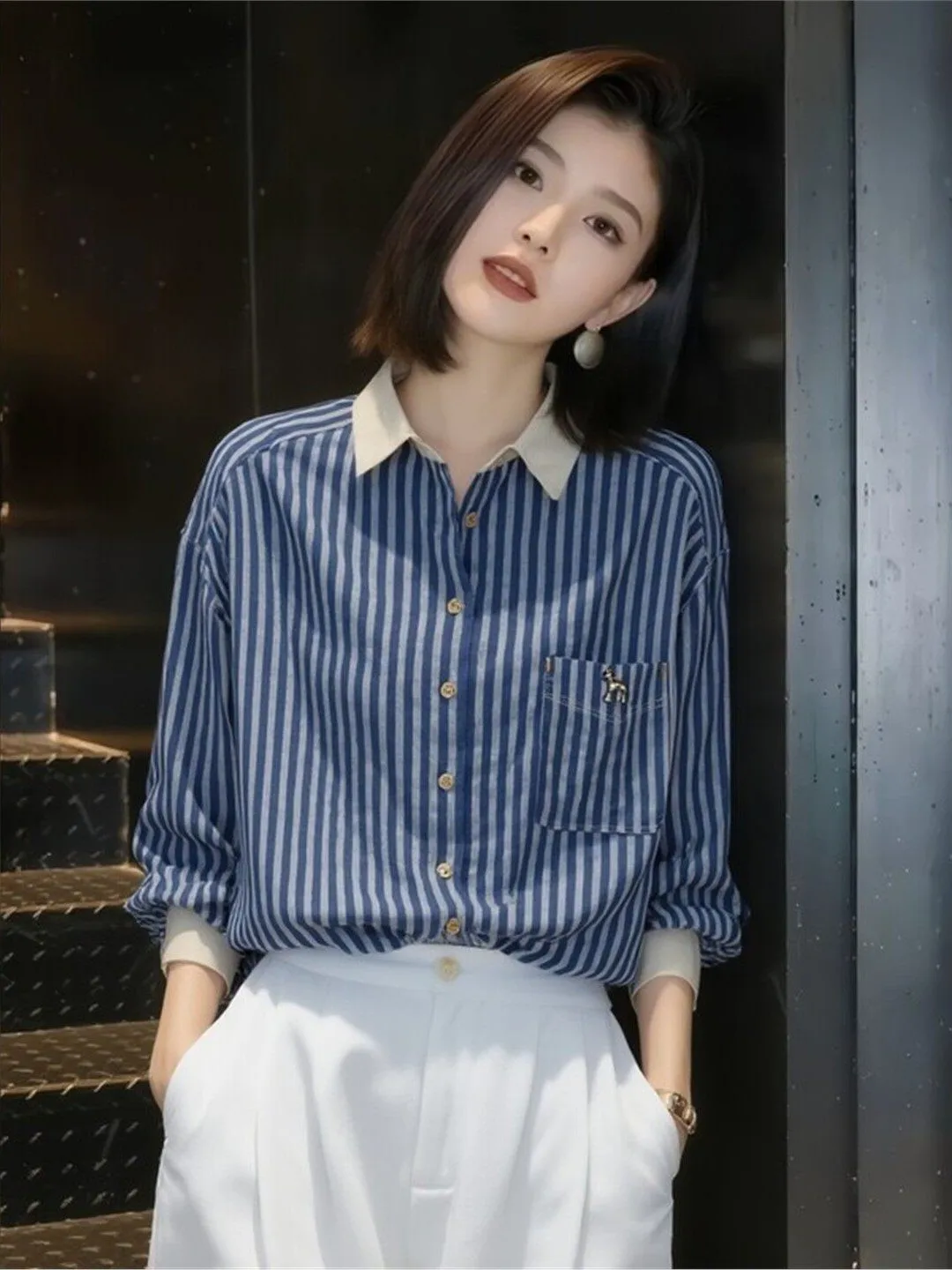 

Elegant Korean Style Striped Long Sleeve Shirt Women's Fashionable Commute Versatile Chic Top Quality Polyester Material