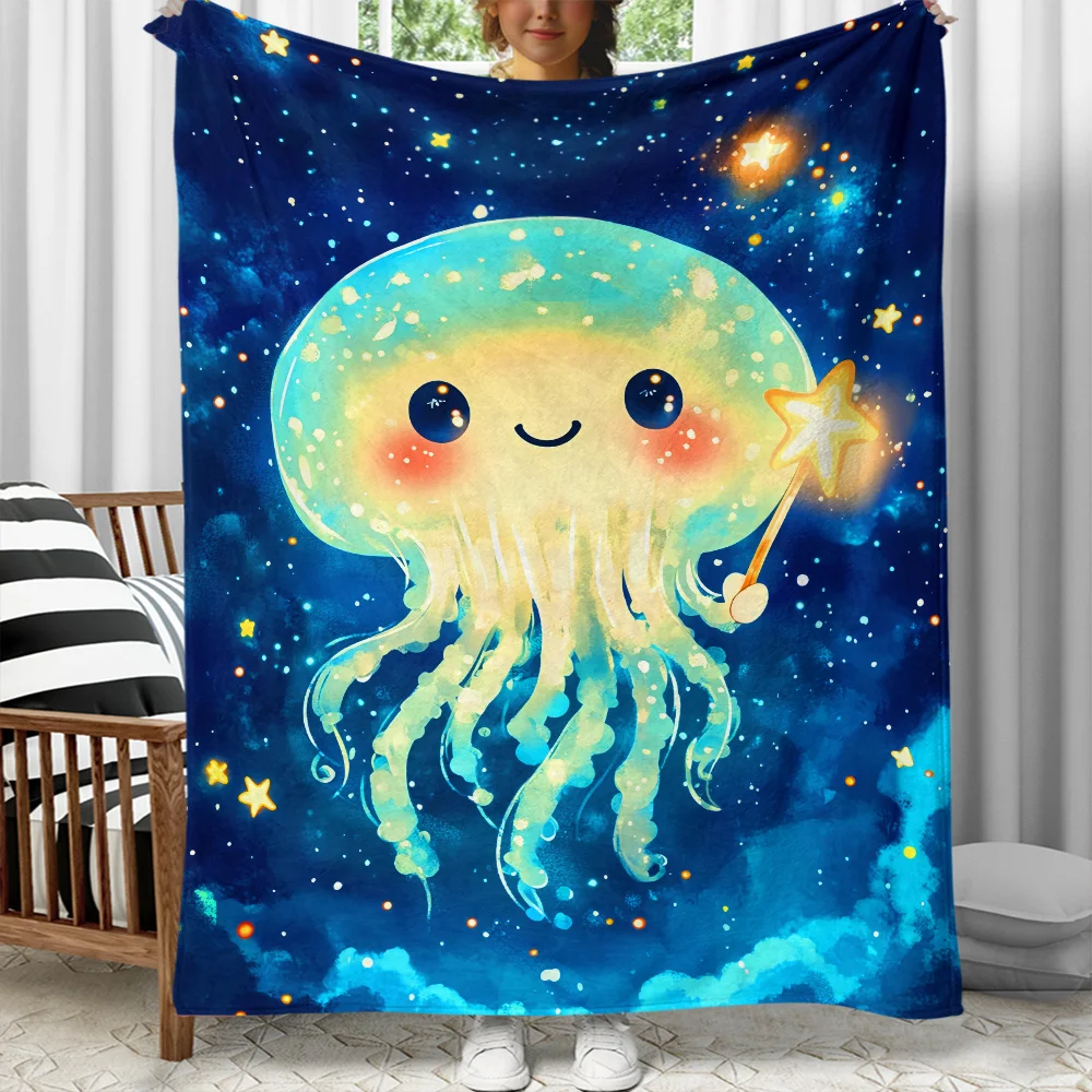 1pc Cute jellyfish holding star in space background flannel blanket cartoon ocean creature kids room decor baby gift soft