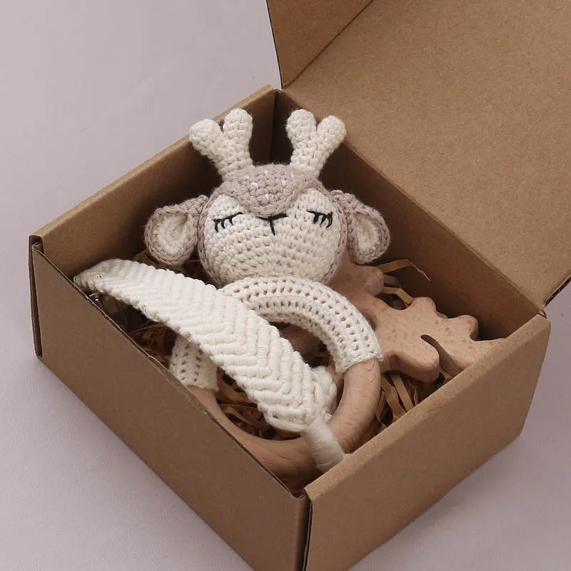 Baby Crochet Rattle Elephant Teether Toys Plush Toys Teething Cotton Towel Wool Brush Weave Gift Box Bath Toys Set view 2