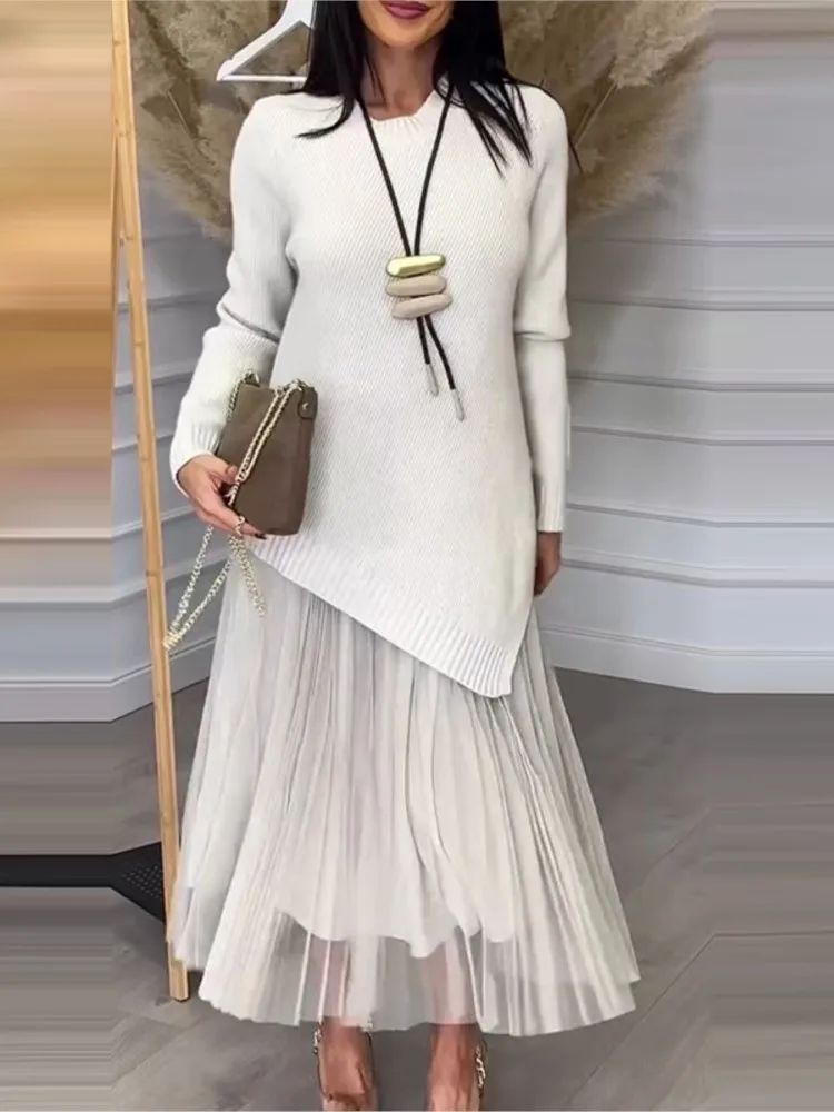 

Осенний новый повседневный женский костюм с юбкой, модный однотонный свободный вязаный пуловер + юбка на подтяжках, комплект из двух предметов