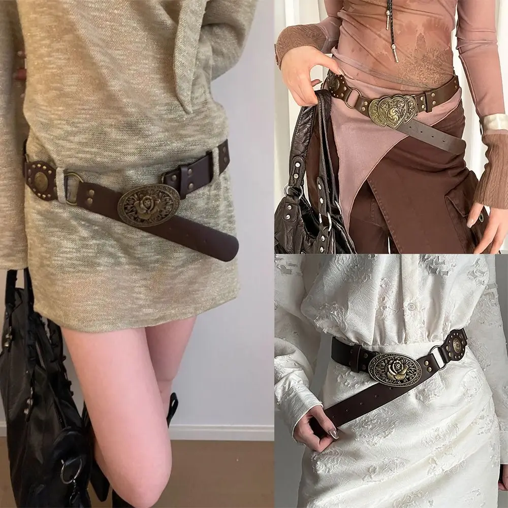 

Fashion Metal Buckle PU Leather Belt Rivet Hollow Vintage Waist Belts Adjustable Heavy Duty Belt Y2K Fashion