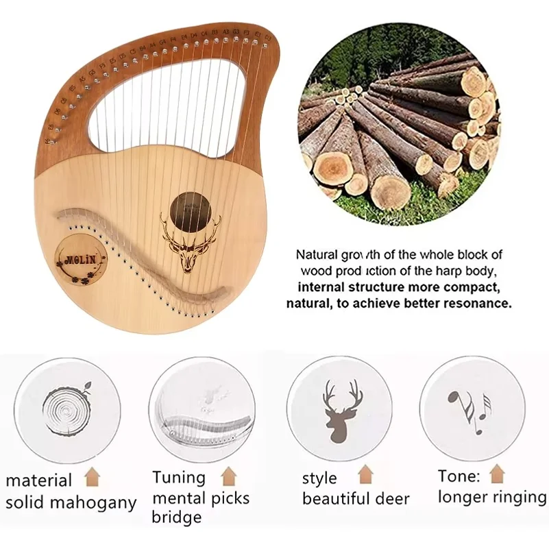 Lyre Harp 24 Metal Strings Box Typed Mini Harp Strings Musical Instruments with Tuning Wrench for Music Lovers Beginners 4