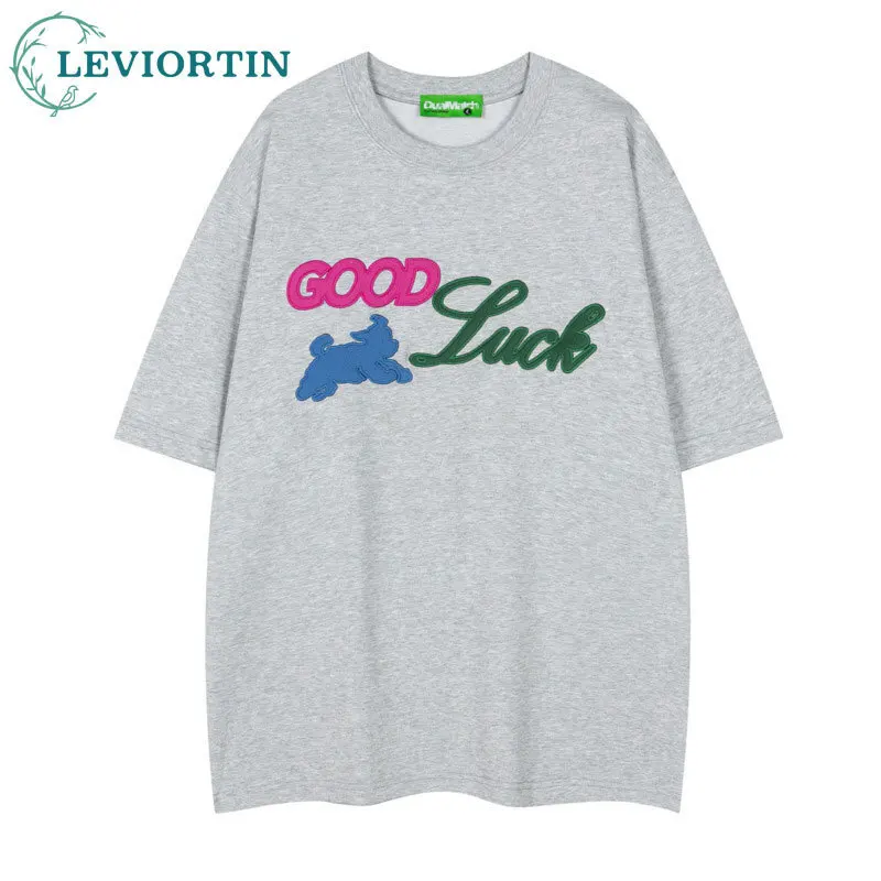 Summer Youth Trendy Loose and Versatile Casual Couple Half Sleeve Top American Retro Dog Letter Embroidered Short Sleeve T-shirt