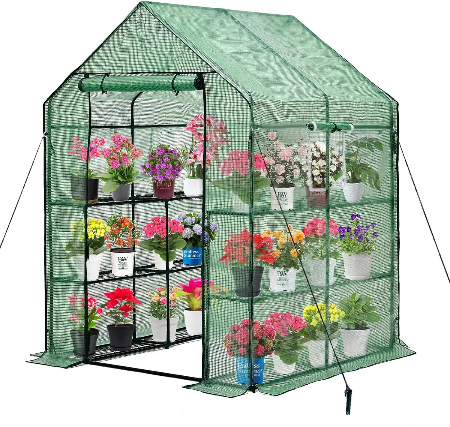 

Walk-in Greenhouse with Thickened PE Cover, Heavy Duty Steel Frame, Mesh Door & Screen Windows, 14 Shelves 4.7x4.7x6.4 FT